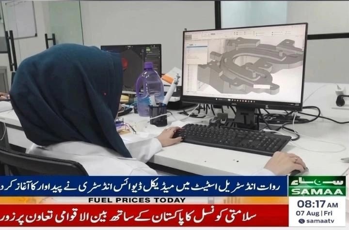 Iqra working on a SolidWorks mechanical design at Revive Medical Technologies, shown in SAMAA coverage